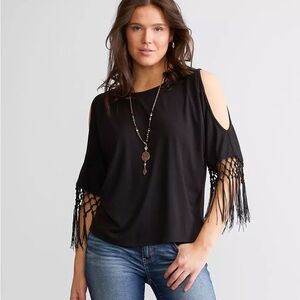 NWT Daytrip Black Fringe Cold Shoulder Top Small